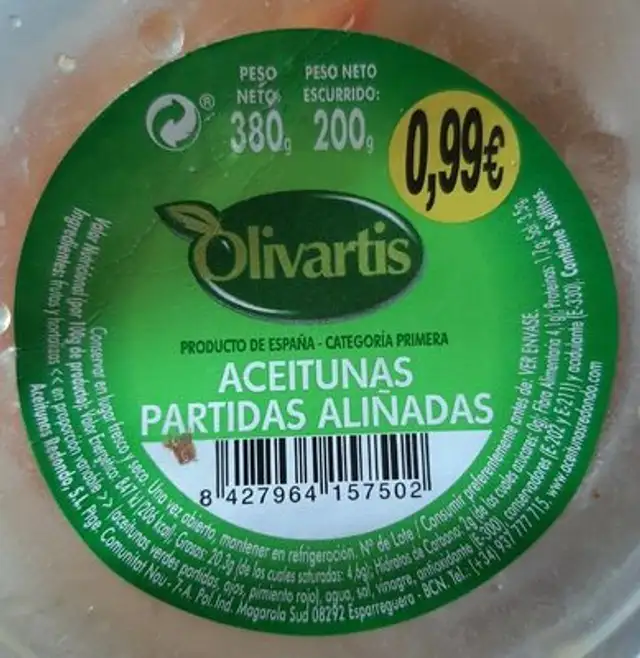 Aceitunas partidas aliñadas nutrition facts table