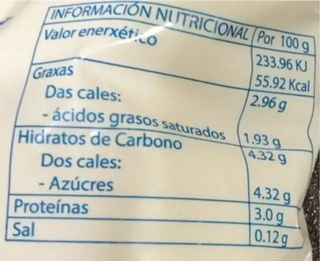 Leche pasteurizada entera nutrition facts table