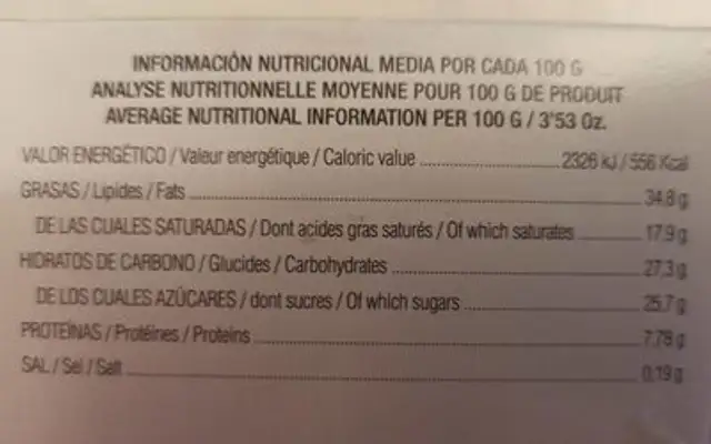 Chesitas de mantequilla y avellana nutrition facts table