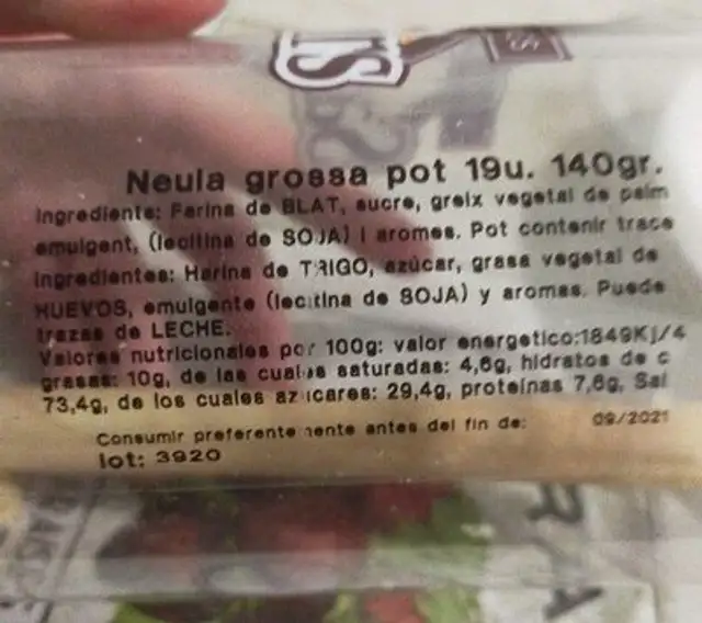 Neules artesanes ingredients label