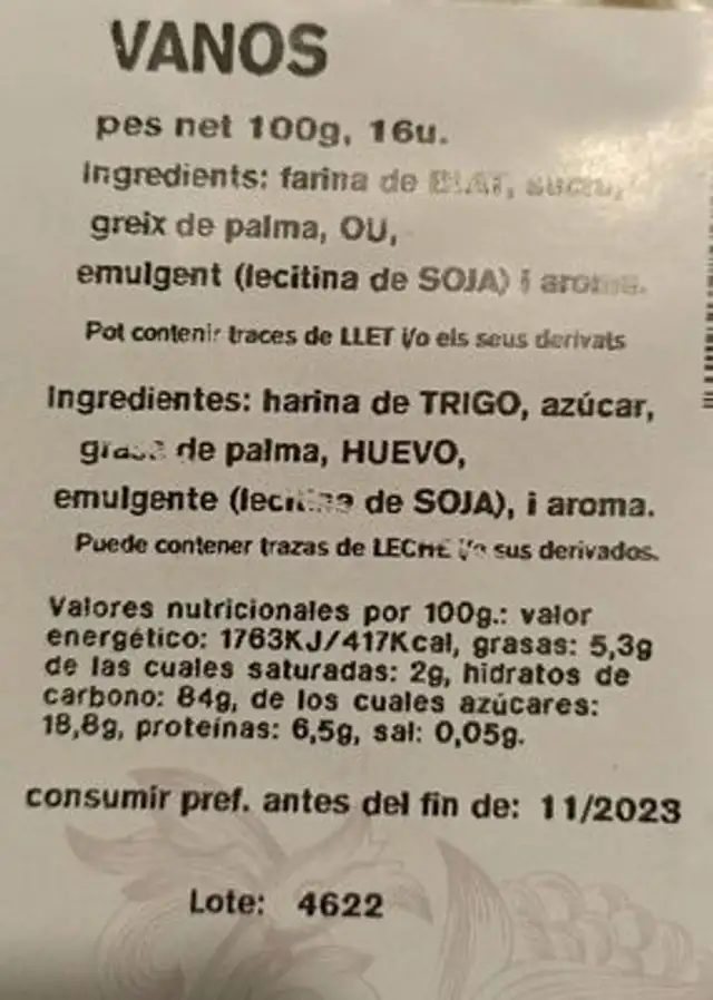 Vanos nutrition facts table