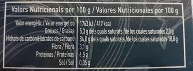Neules Artesanes nutrition facts table