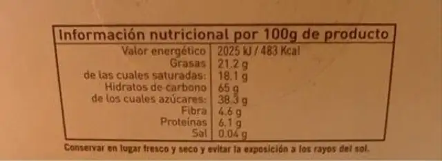 Barquillos artesano al cacao nutrition facts table