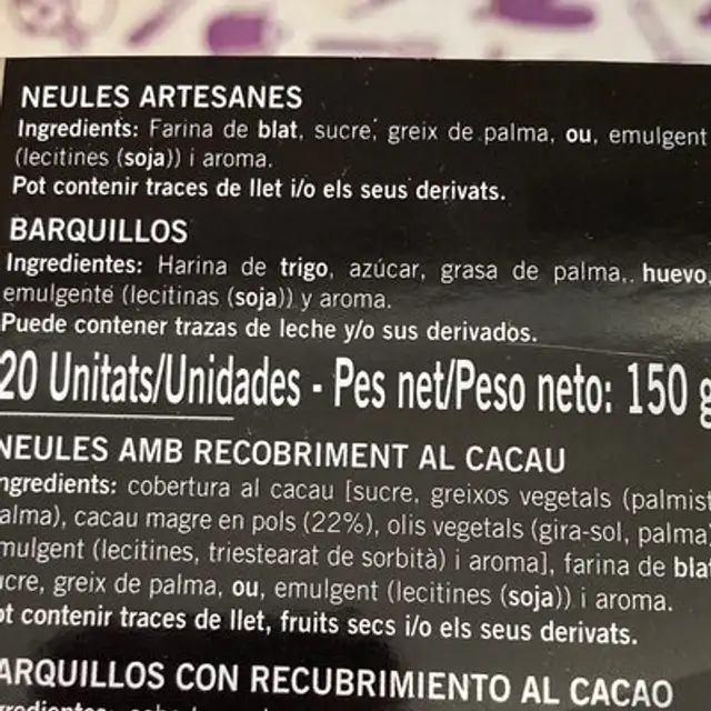 Neules Artesanes Romeu ingredients label