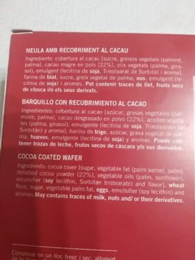Nules al cacau ingredients label