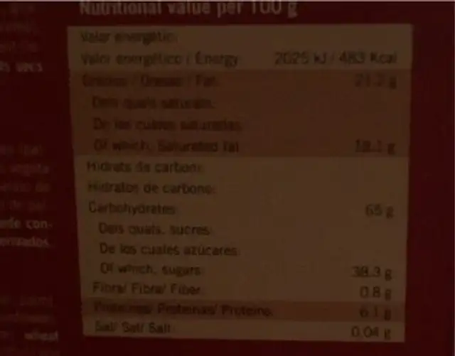 Nules al cacau nutrition facts table