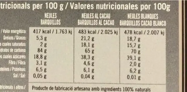 neules artesanes cacau nutrition facts table