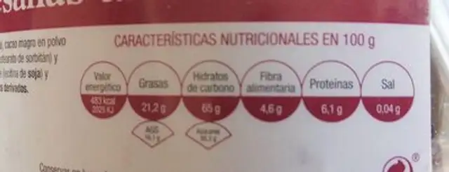 Neulas artesanas al cacao nutrition facts table