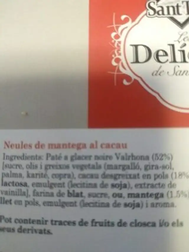 Neules xocolata ingredients label