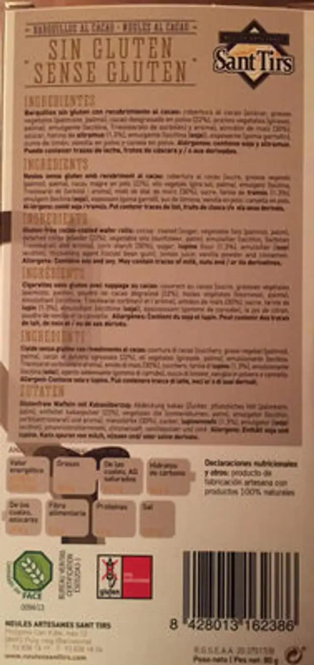 Barquillos al cacao són gluten ingredients label