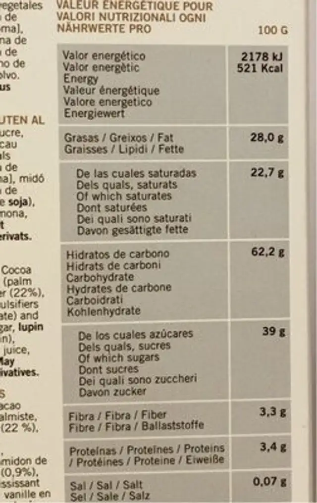 Neules artesanes nutrition facts table