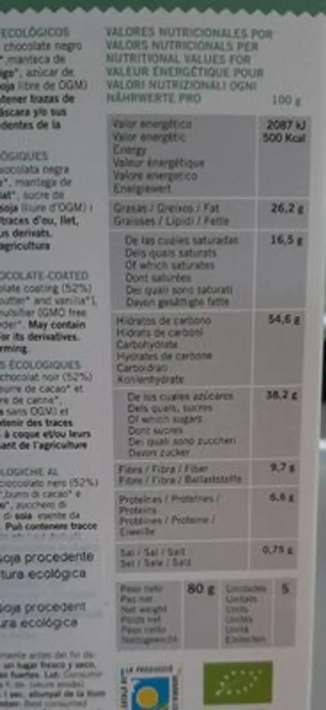 Barquillos ecológicos nutrition facts table