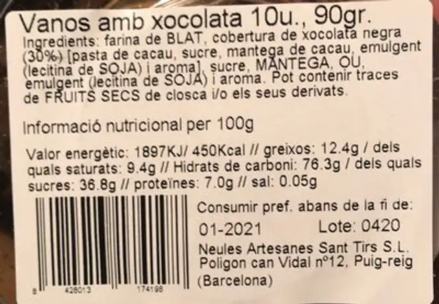 Ventalls amb xocolata nutrition facts table