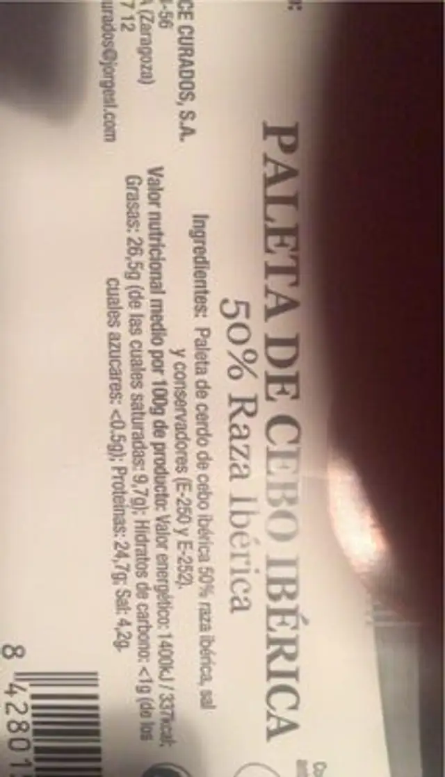 Mafresa Paleta Ibérica De Cebo nutrition facts table