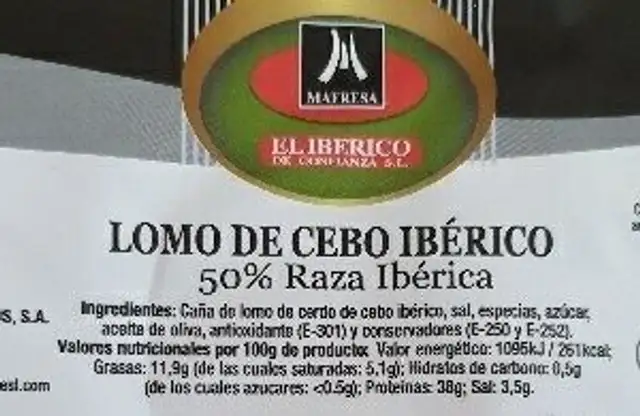 Lomo de cebo Iberico ingredients label
