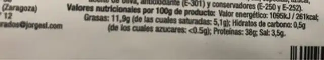 Lomo de cebo Iberico nutrition facts table