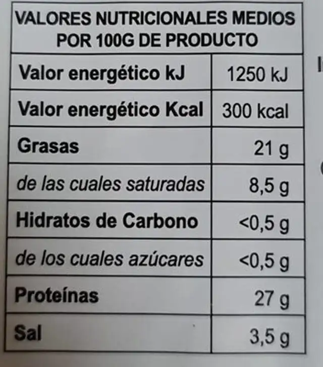 Paletavde Cebo Ibérica nutrition facts table