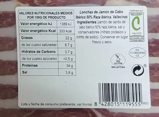 Jamón de cebo ibérico 50% raza ibérica nutrition facts table