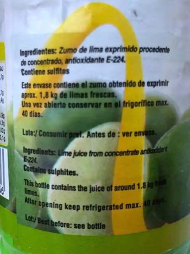 Limasol ingredients label