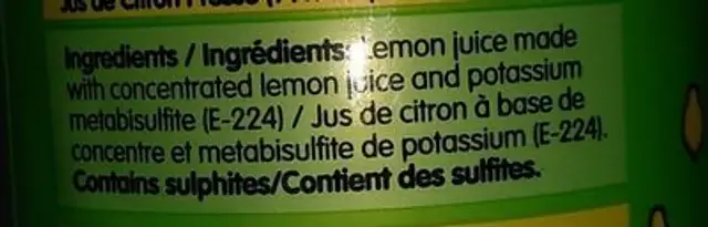 Jus de citron ingredients label