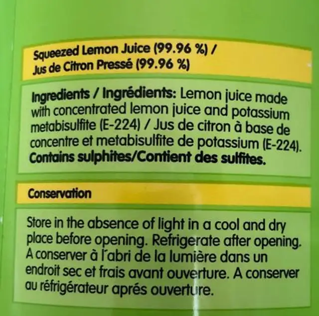 Lemon Lovers ingredients label