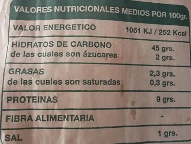 Barra pan rústica nutrition facts table