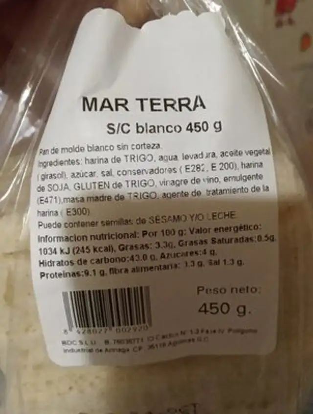 Pan de molde sin corteza blanco nutrition facts table