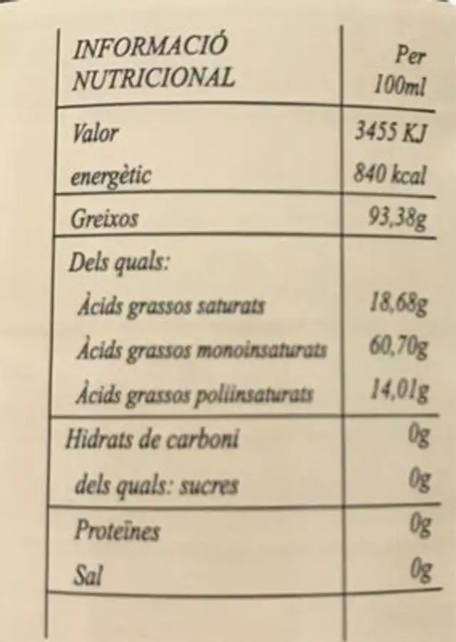Oli d'oliva verge extra nutrition facts table
