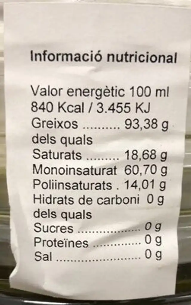 Oli del raig nutrition facts table
