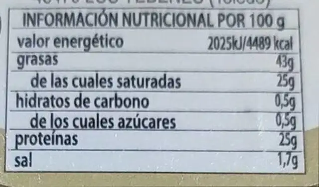 Queso de oveja curado con aceite de oliva virgen extra nutrition facts table