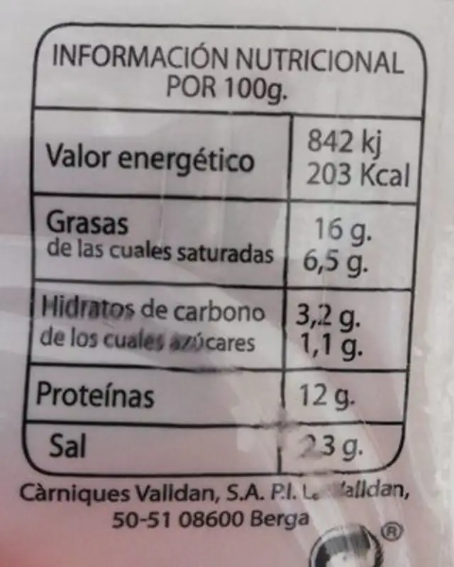 Catalana nutrition facts table