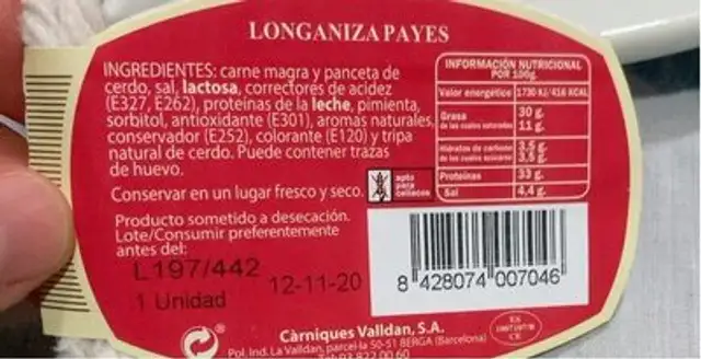 Longaniza payés nutrition facts table