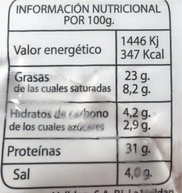 Llonganisa pagès nutrition facts table