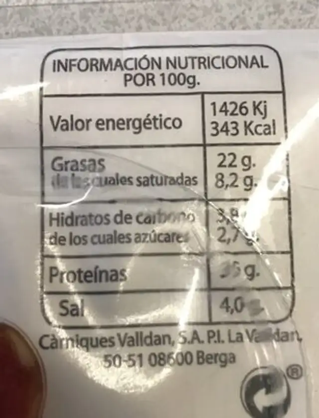 Llonganissa pagès nutrition facts table