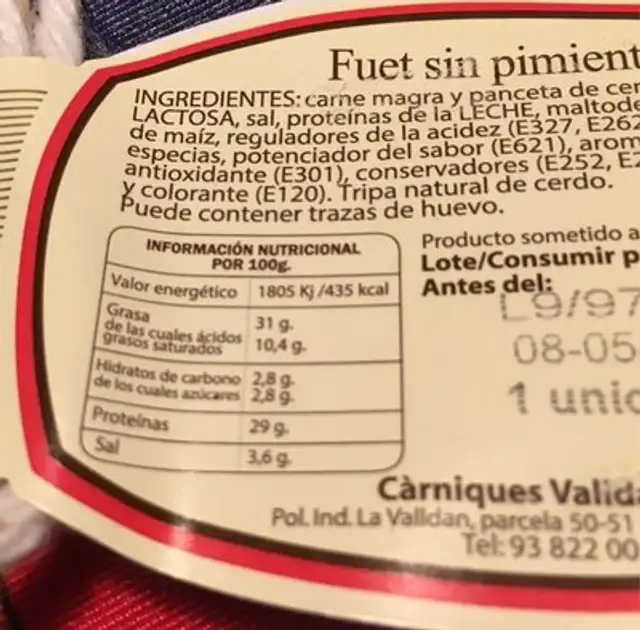 Fuet sin pimienta nutrition facts table