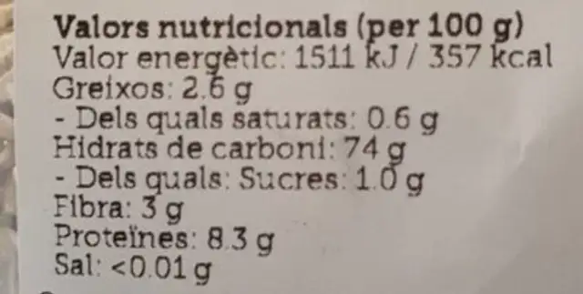 Arròs Basmati Integral nutrition facts table
