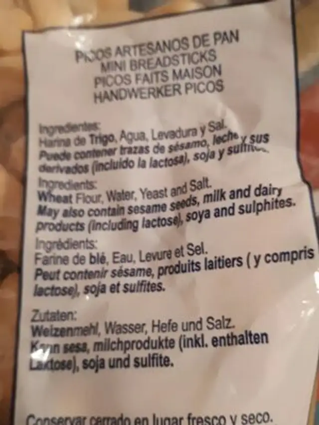 Picos de pan artesanos de jerez ingredients label