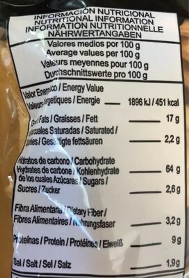 Regañás con AOVE nutrition facts table