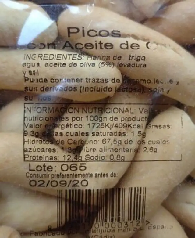 Picos con aceite de oliva nutrition facts table