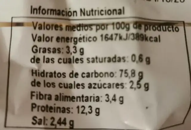Picos nutrition facts table