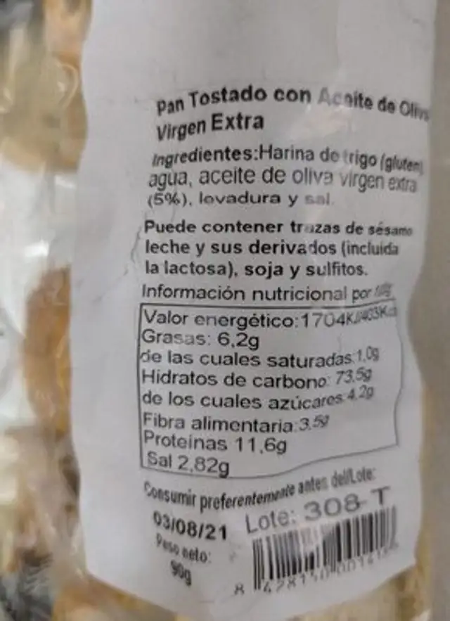 Pan Espacio Tipo Colines nutrition facts table