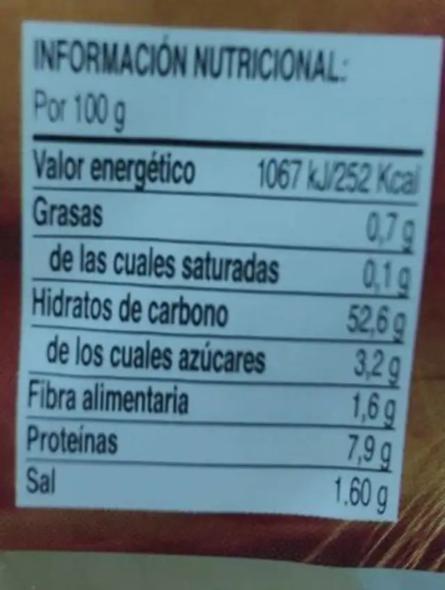 Pan precocido nutrition facts table