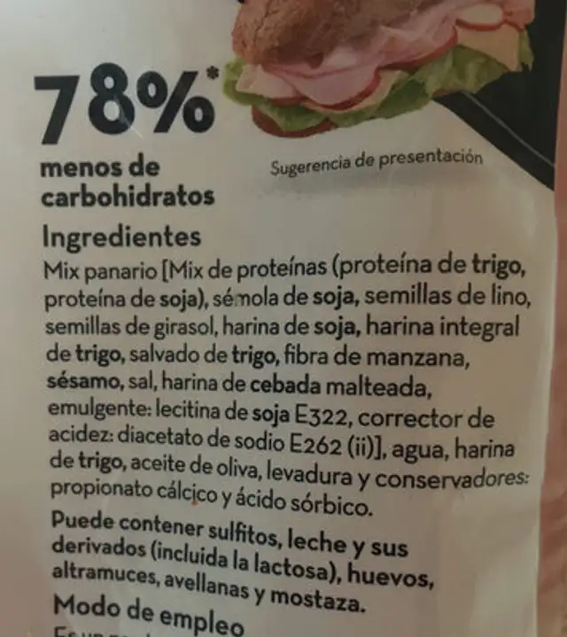 Panecillos proteicos ingredients label