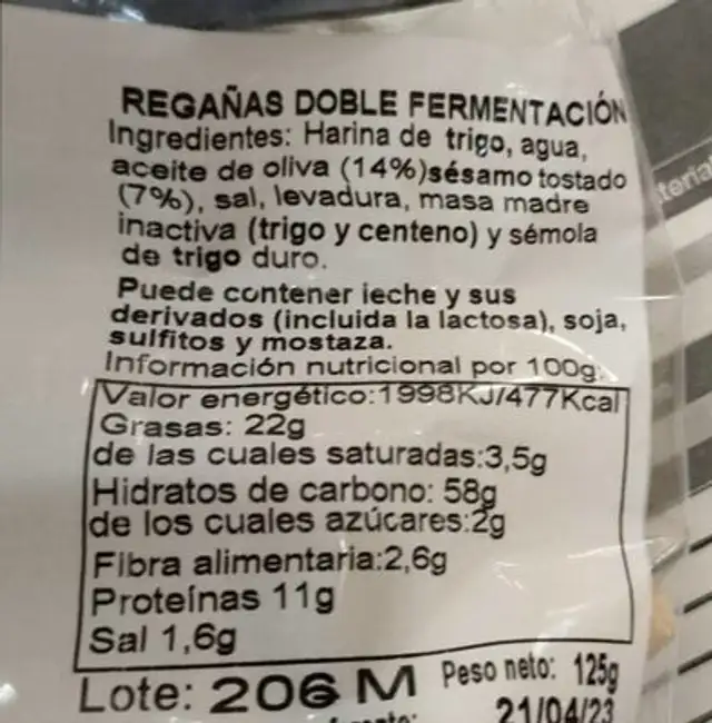 Pan especial tipo colines nutrition facts table
