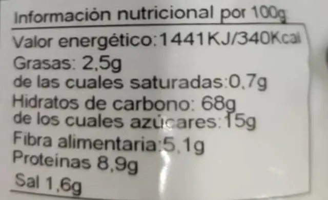 tortas con Pasa nutrition facts table