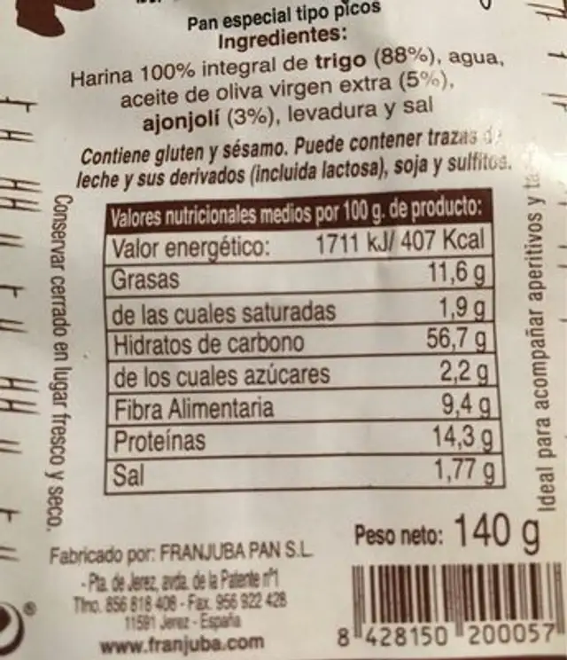 Picos integrales nutrition facts table