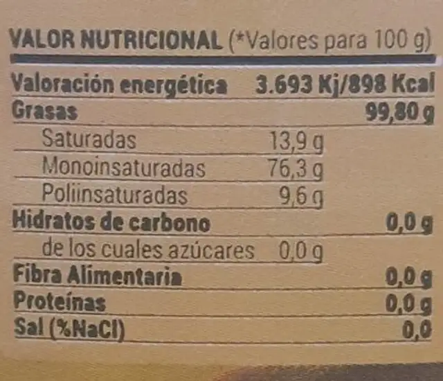 Aceite de oliva virgen extra nutrition facts table