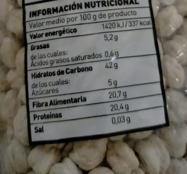 Garbanzos nutrition facts table