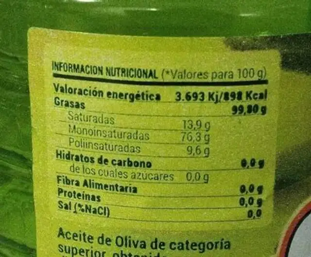 Aceite de oliva virgen extra nutrition facts table