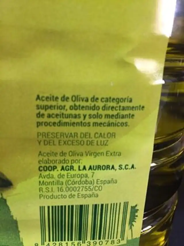 Aceite de Oliva Vírgen Extra ingredients label